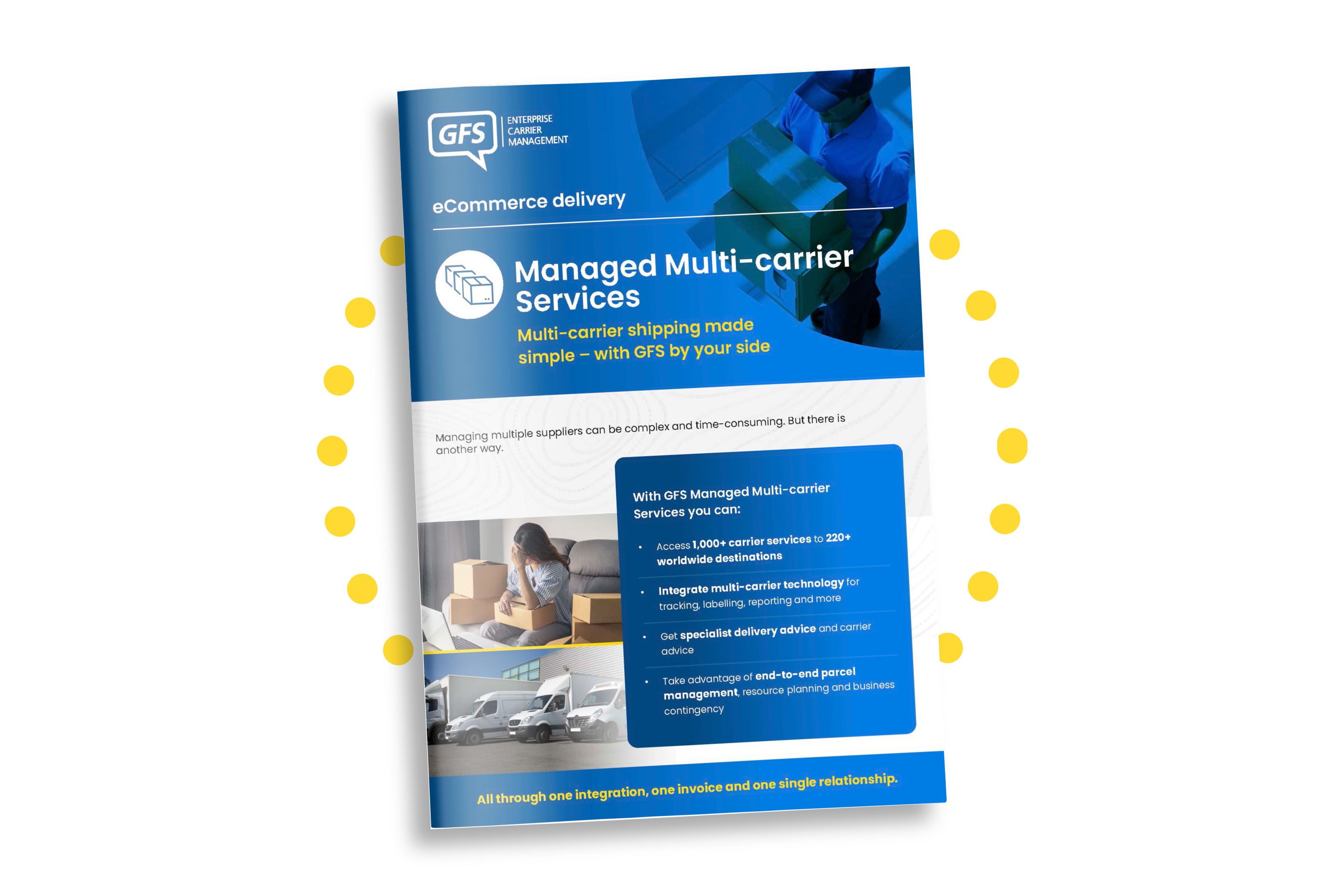 Blue brochure front cover about Multi-carrier delivery services